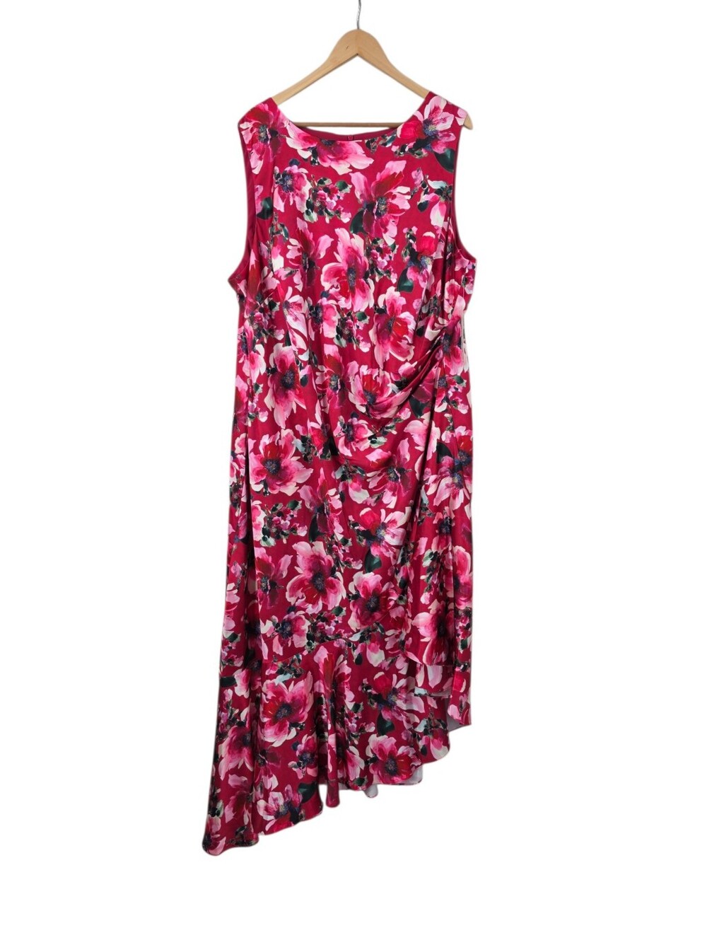 Eliza J Pink Satin Floral Sleeveless Maxi Dress Ruffled Asymetrical Hem SEE NOTE